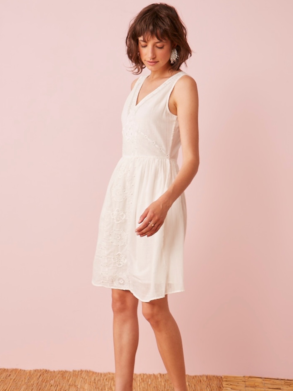Des petits hauts  Cream Mini Dress with Embroidered Detail 100% cotton